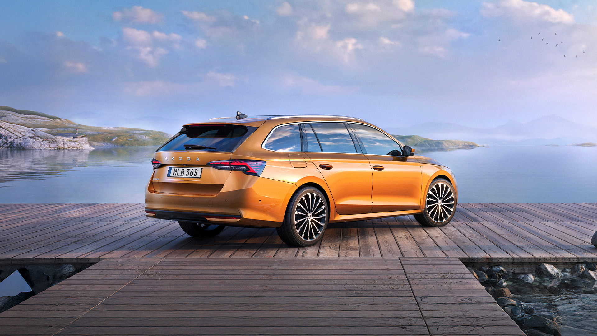 Orange Skoda Octavia vid vattnet